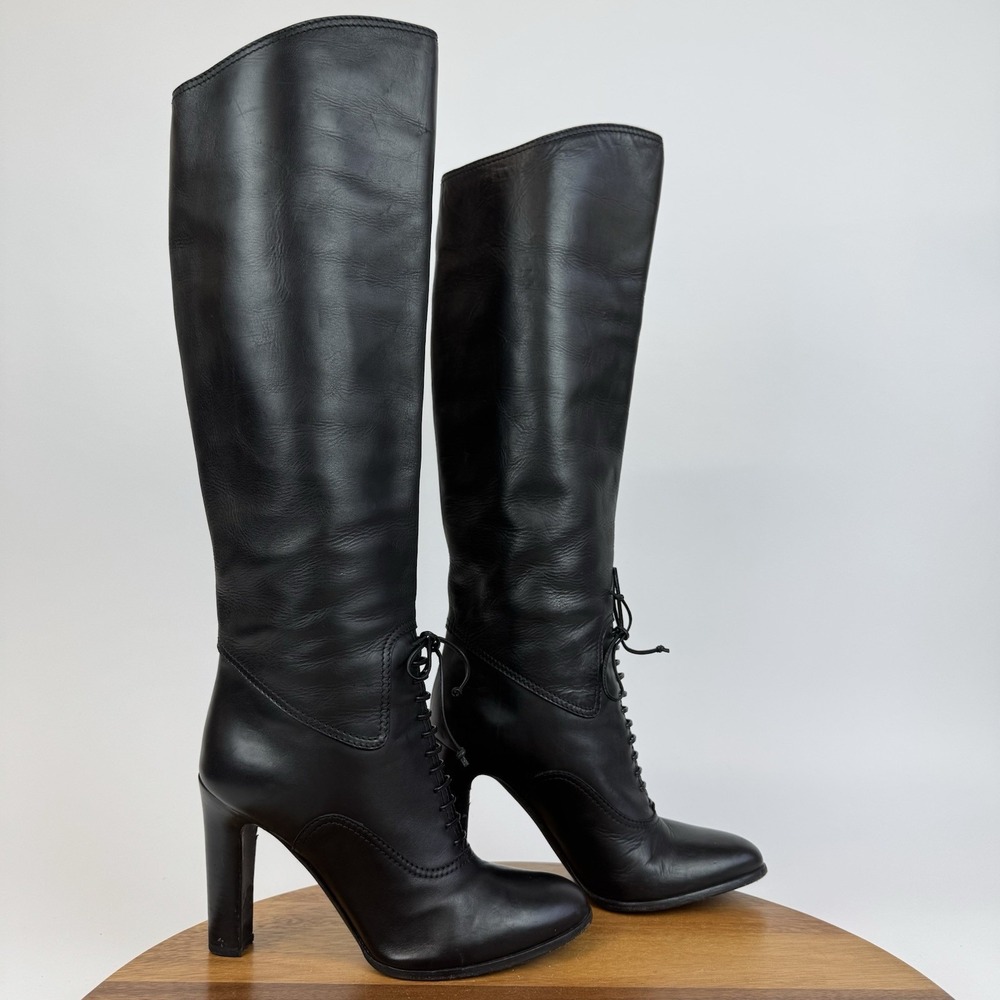 Womens Tom Ford Black Leather Lace Up Heeled Tall Riding Boots Size EU 38.5 GUC